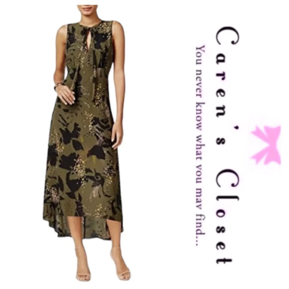 Bar III Olive Green Organic Print Sleeveless High Low Midi Dress - Picture 1 of 11